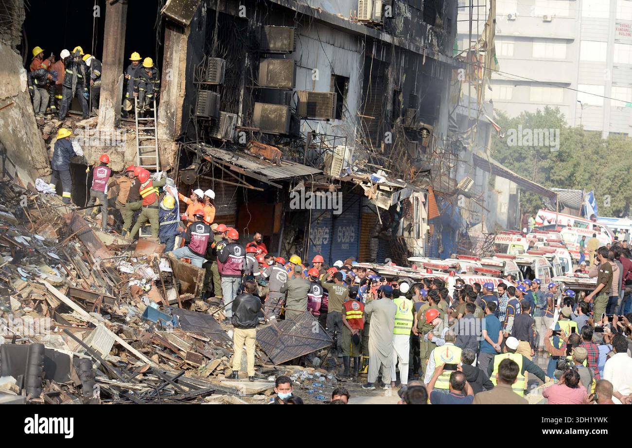 View of site after fire broken out incident at Gul Plaza shopping mall ...