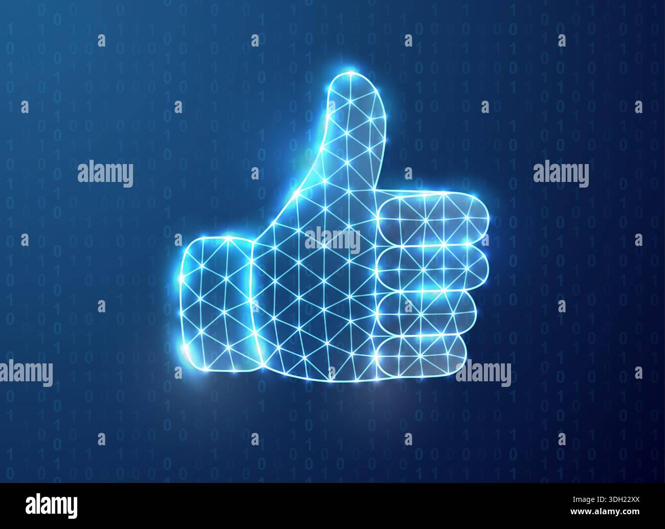Glowing digital thumbs up gesture with binary code background. Tech approval and digital feedback symbol Stock Vector