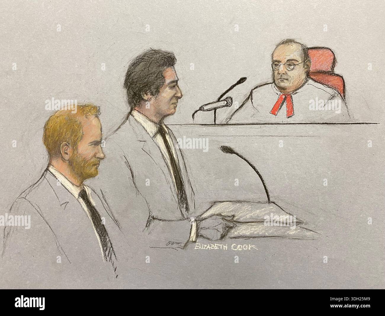 Court artist sketch by Elizabeth Cook of the Duke of Sussex listens as ...