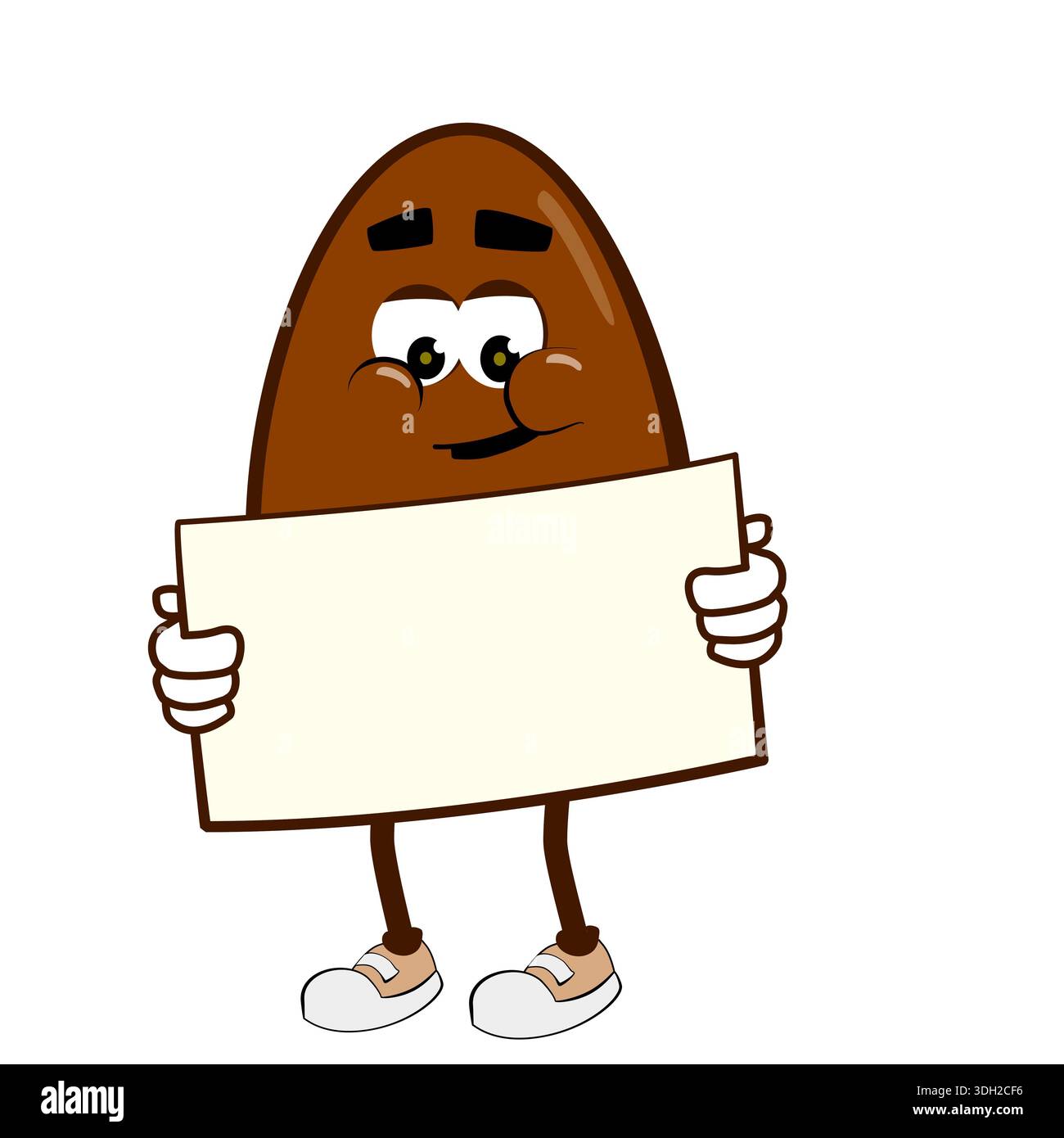 illustrated character, chocolate Easter egg advertising mascot, with sign with space for text: Isolated white background. copy space Ideal for Easter Stock Photo