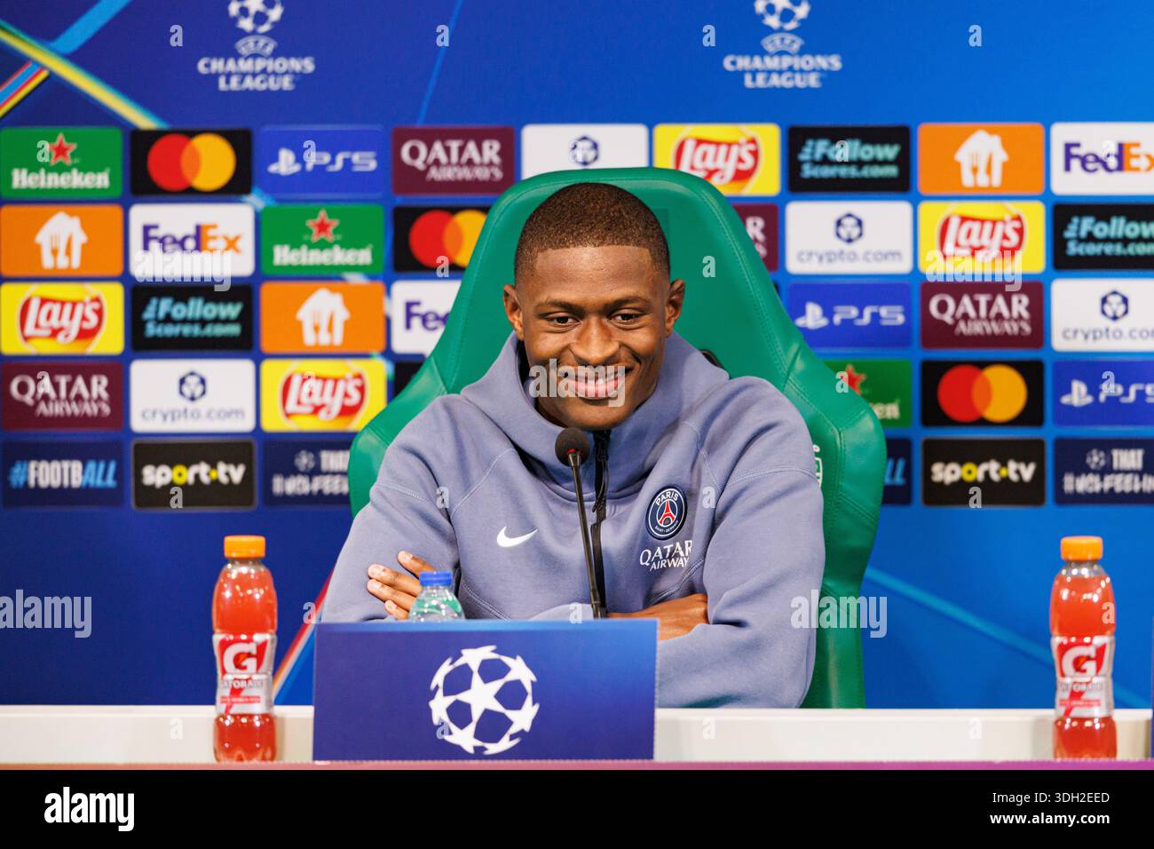 Lisbon, Portugal. 19th Jan 2025; Nuno Mendes (Paris Saint-Germain) seen  during the Paris Saint-Germain Training Session and Press Conference before  UCL game against Sporting CP at Estadio Jose Alvalade. Maciej Rogowski/  Alamy