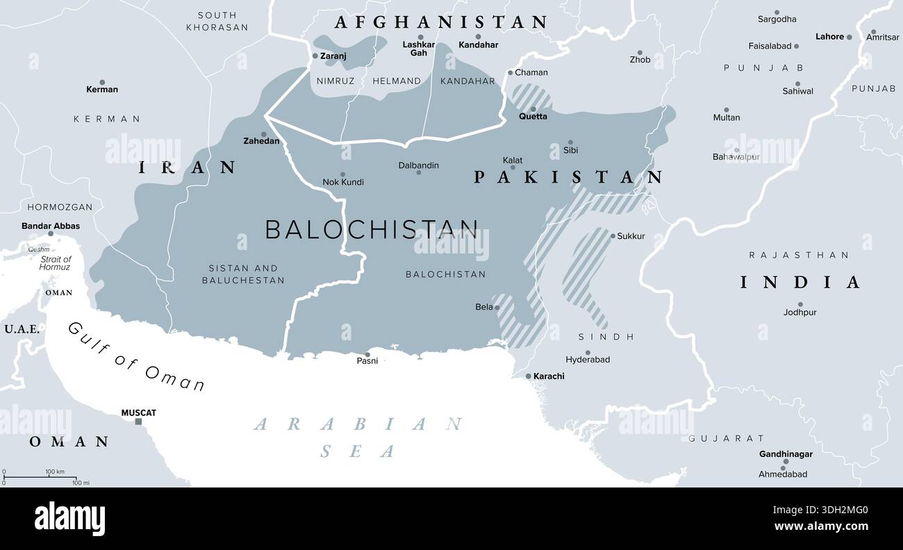 Balochistan, gray political map. Historical region in West and South