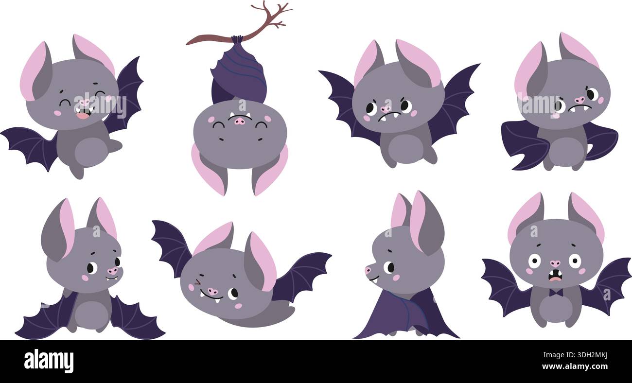 Funny bats. Cartoon bat different poses, sleeping, flying, scared. Wild ...