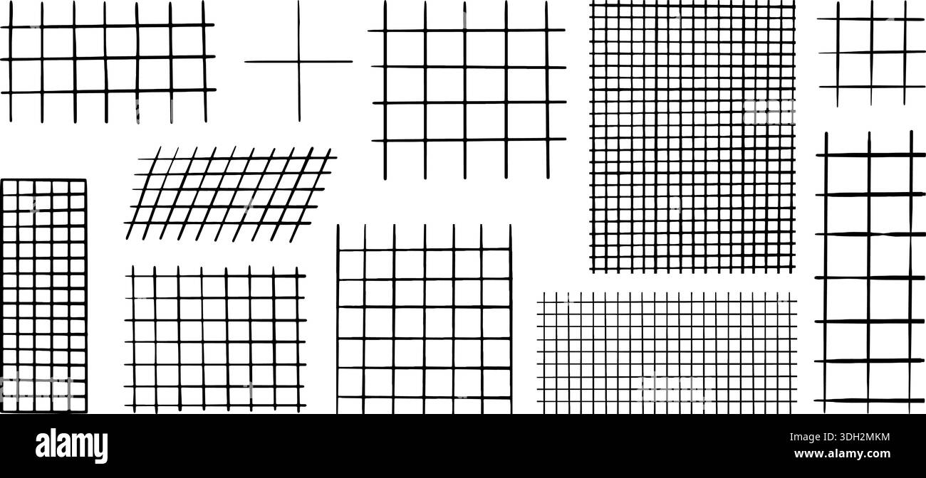 Pencil grids for notes. Striped sheets, geometric square grid for school notebook. Hand drawn ink lines note sheet templates, neoteric vector set Stock Vector