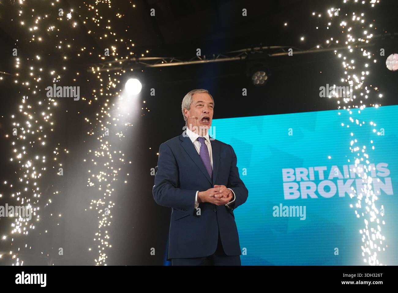 Reform UK leader Nigel Farage speaks during a Reform UK rally at Newark ...