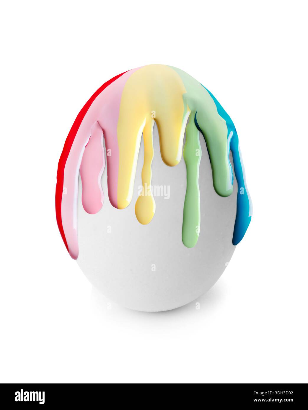 Colorful paint dripping down egg on white background. Easter celebration Stock Photo