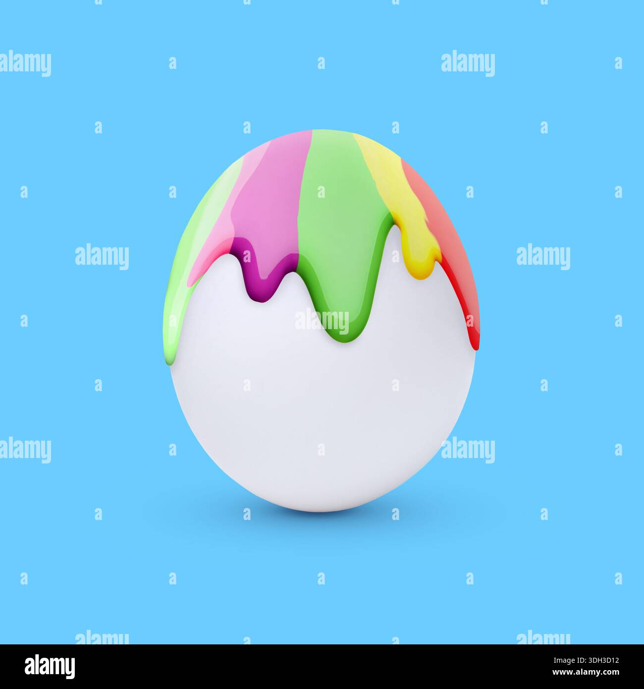 Colorful paint dripping down egg on light blue background. Easter celebration Stock Photo
