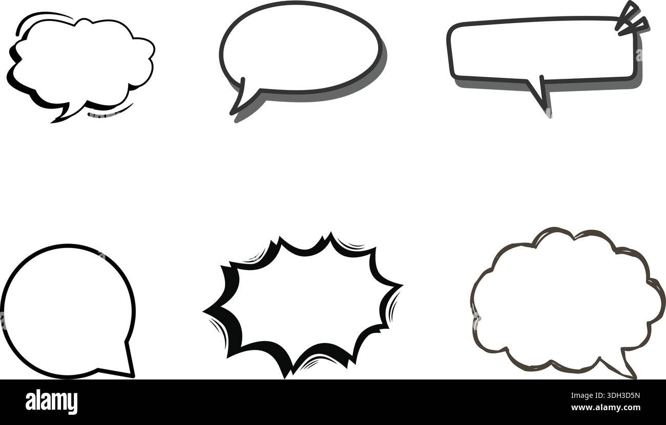 Collection of six hand-drawn, black and white speech bubble icons with different shapes and styles on a white background. Stock Vector