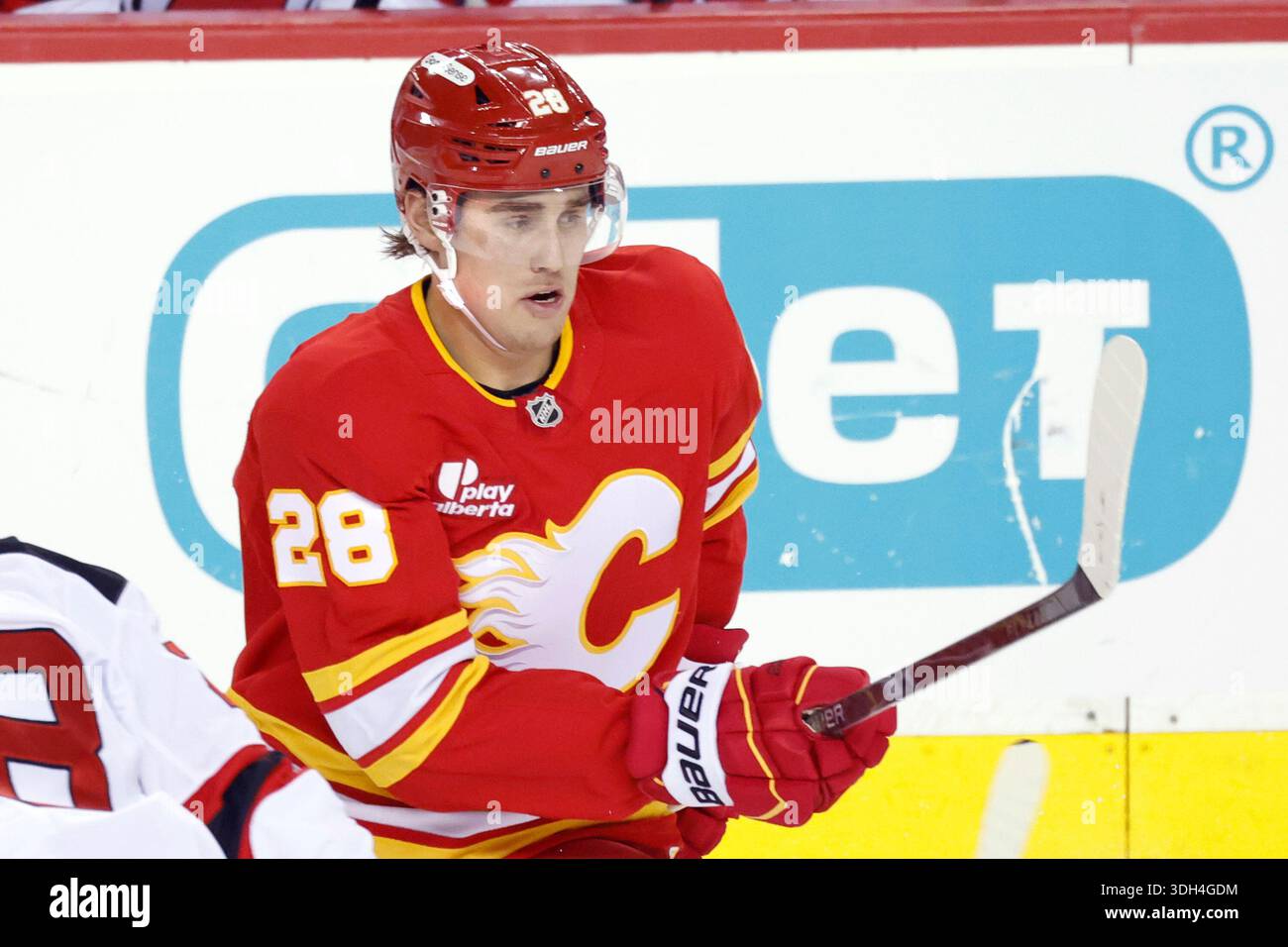 Calgary Flames defenseman Zach Whitecloud plays against the New Jersey ...