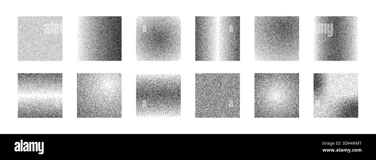 Grainy gradient shape collection. Dotwork noise square set. Stock Vector