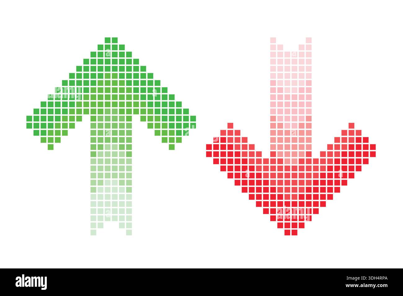 Pixel arrow set. Two halftone arrows increase and decrease template. Red and green color. Stock Vector