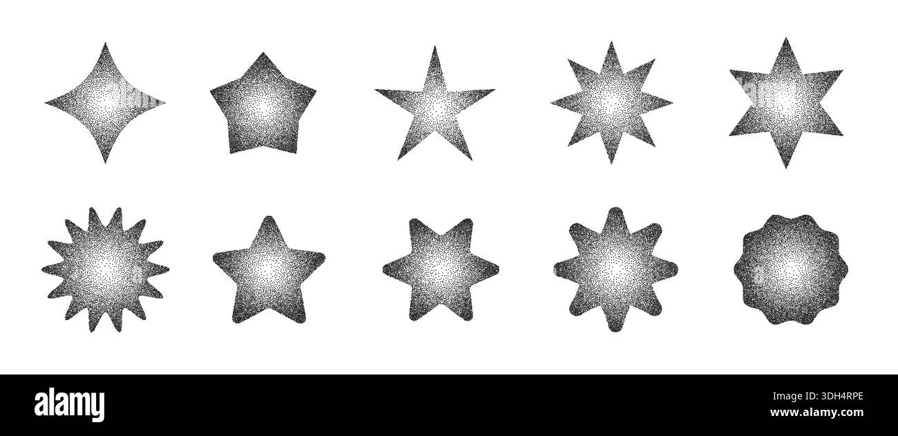 Grainy gradient star set. Stipple dots halftone starburst shape Stock Vector