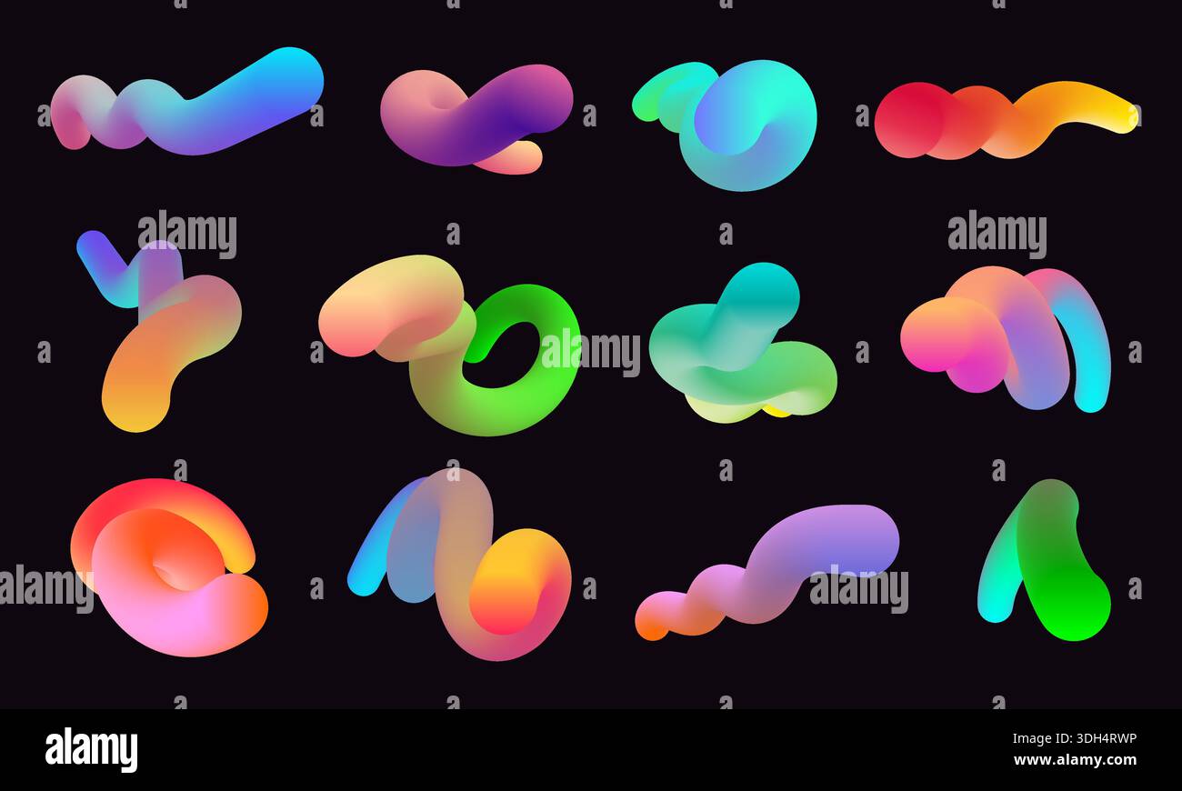 Modern 3d shapes collection isolated on black background. Fluid gradient blend vector Stock Vector