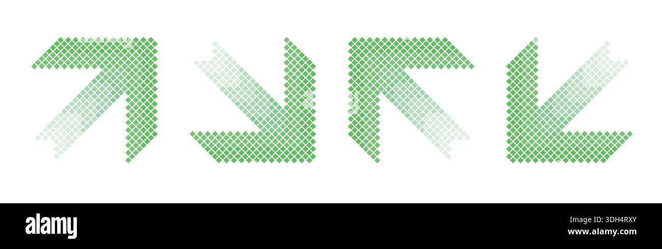 Pixel arrow set. Green halftone arrows turned in four different directions Stock Vector