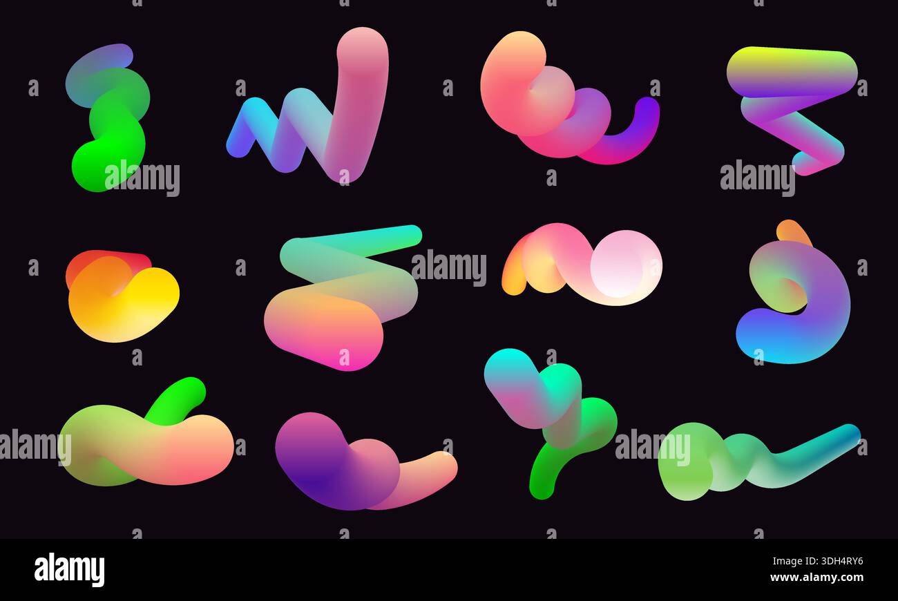 Modern 3d shapes collection isolated on black background. Fluid gradient blend vector Stock Vector