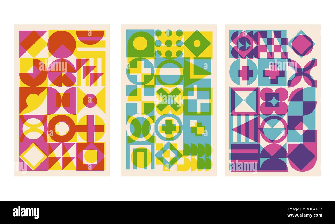 Geometric cover set with riso print effect. Bauhaus shapes pattern risograph style Stock Vector