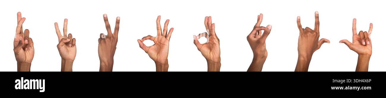 Hand gesture set with crossed fingers, peace sign, and victory pose ...