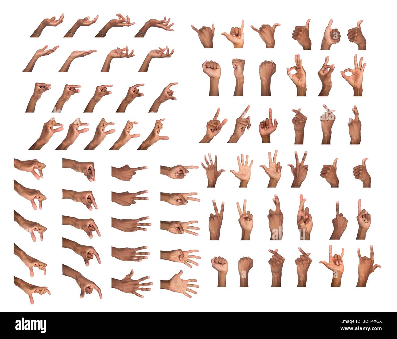 Hand sign set with counting, heart, shaka, and fist poses. Black skin ...