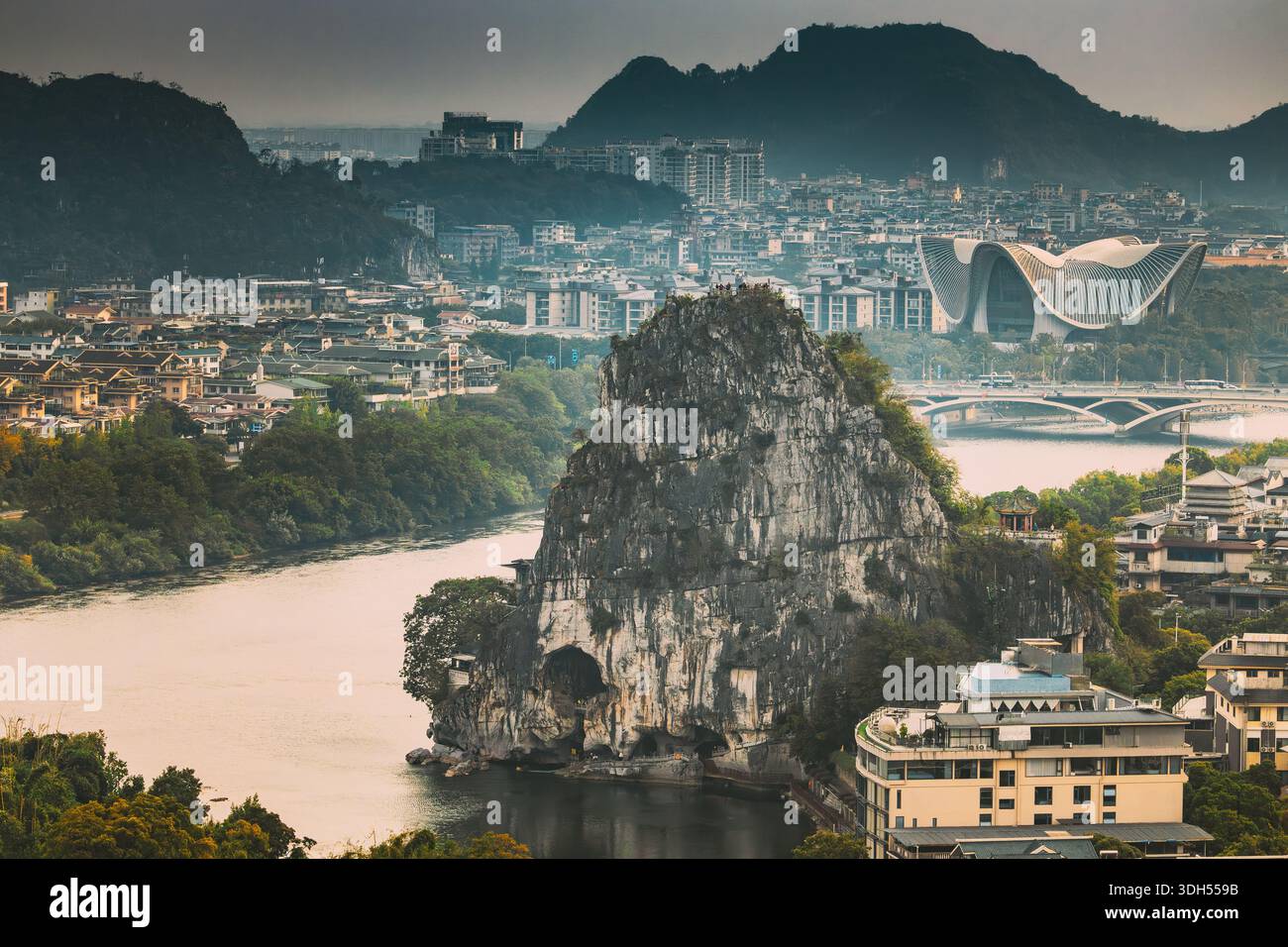 Guilin Li River Valley Panorama. Karst Mountains with Modern ...