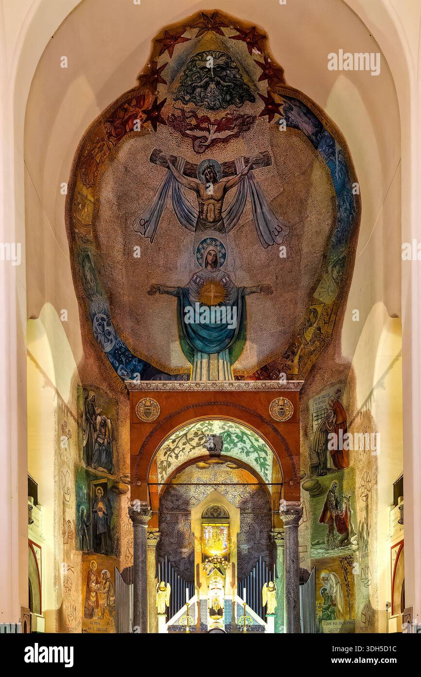 Colorful mosaic apse and altar with frescoes of the Trinity and Marian ...