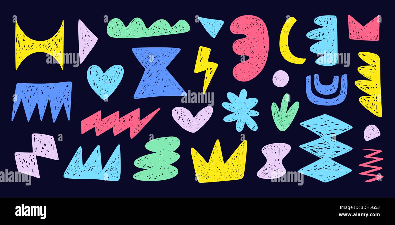 Trendy textured scribble doodle shapes set collage Stock Vector
