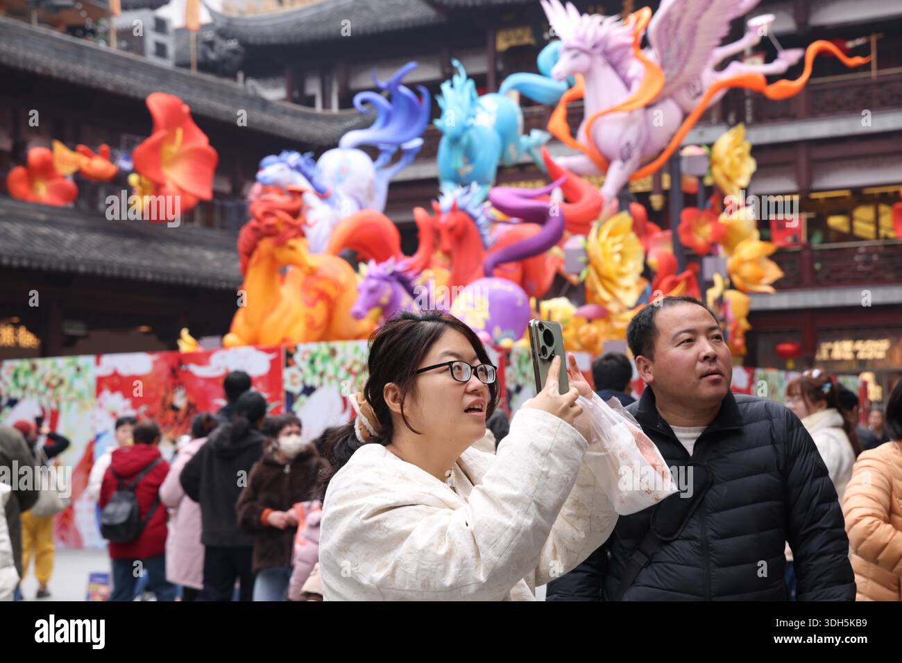 Workers prepare horse-shaped lanterns for the upcoming Yuyuan Lantern ...