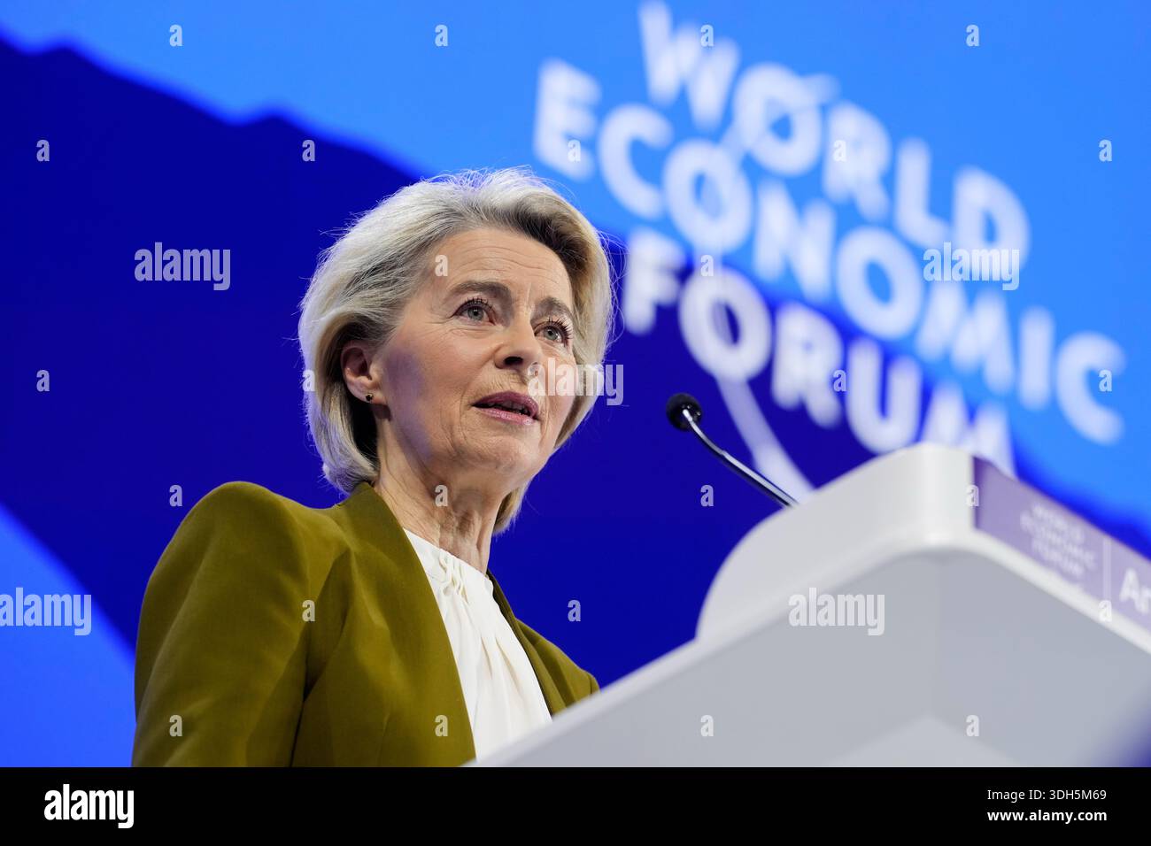 President of the European Commission Ursula von der Leyen talks during the Annual Meeting of the World Economic Forum in Davos, Switzerland, Tuesday, Jan. 20, 2026. (AP Photo/Markus Schreiber) Stock Photo
