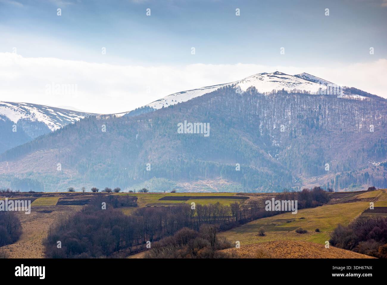 carpathian mountains of ukraine in early spring. morning view of countryside landscape with rolling hills, snow covered peak. green environment sustai Stock Photo