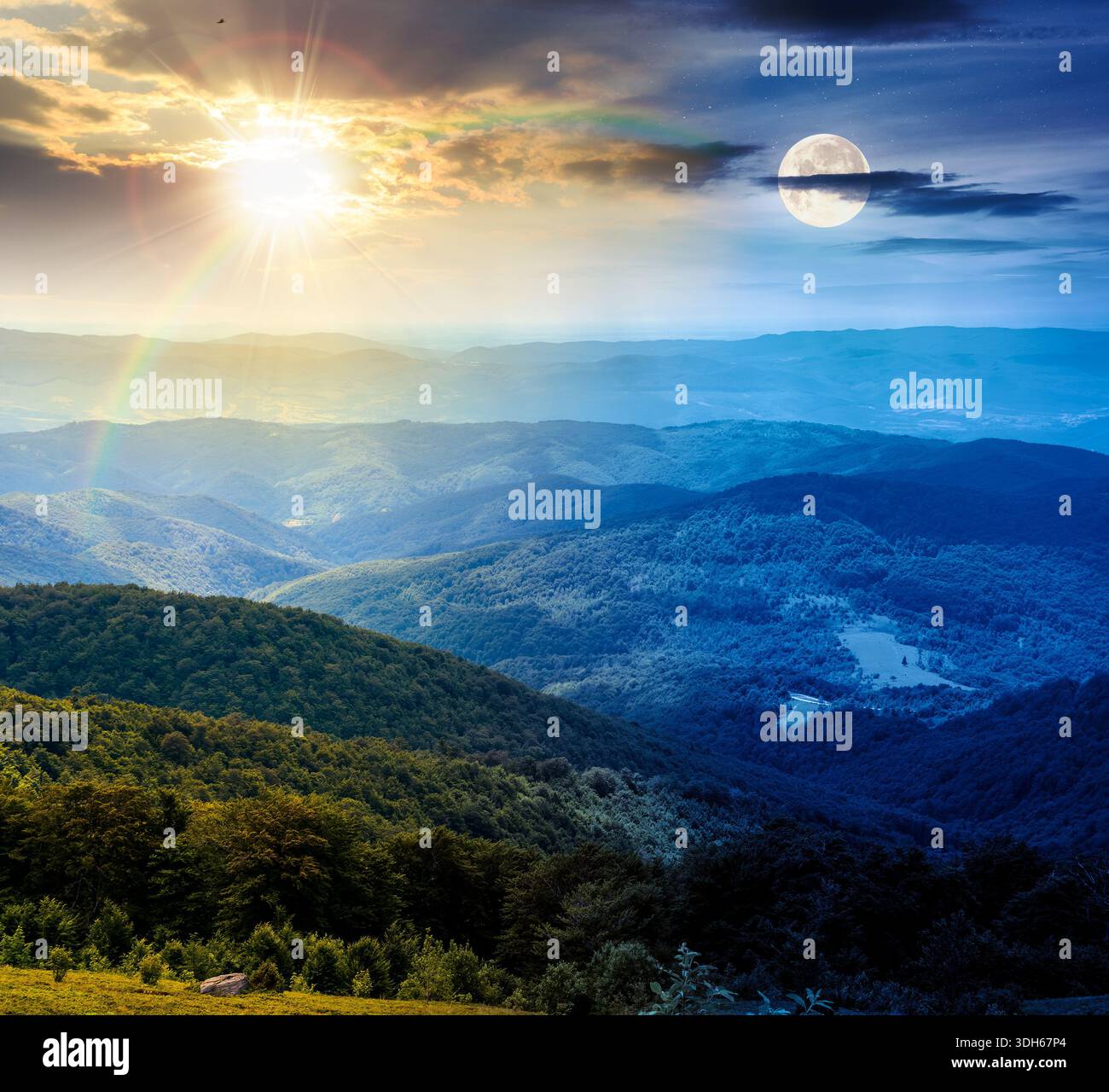 mountain landscape with rolling hills. day and night time change concept. summer countryside scenery with view in to valley and forested slopes with s Stock Photo