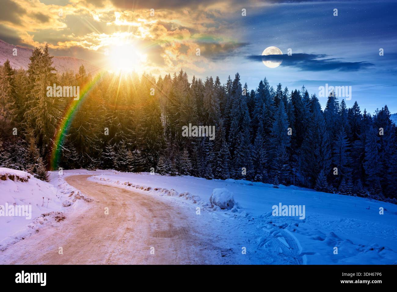 winter solstice landscape with snow covered country road winding through forest in mountains. day and night time change concept. alpine countryside wi Stock Photo
