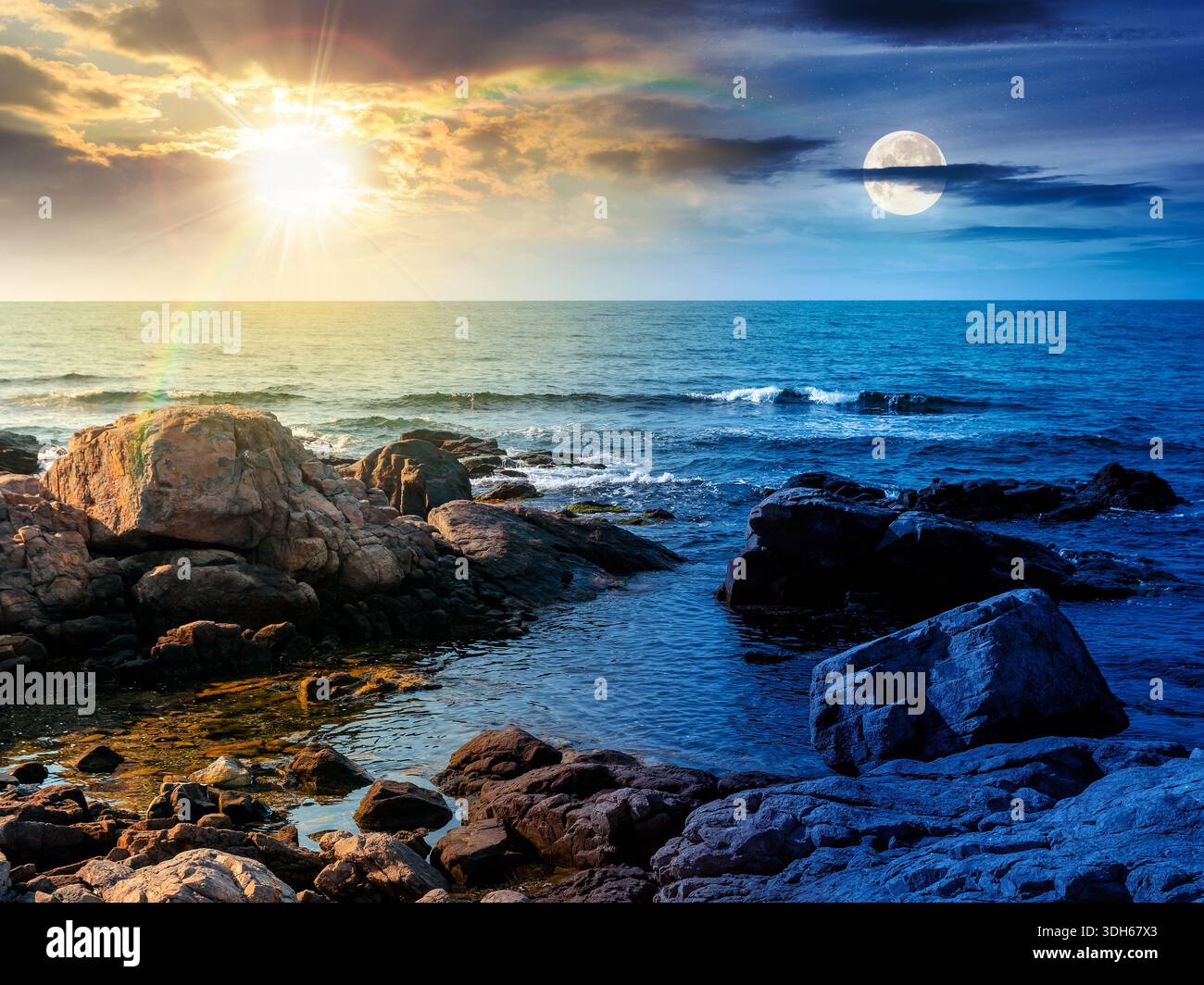 rocky shore of the sea coast under blue sky. day and night time change concept. beautiful view under sun and moon. resort scenery during vacation seas Stock Photo