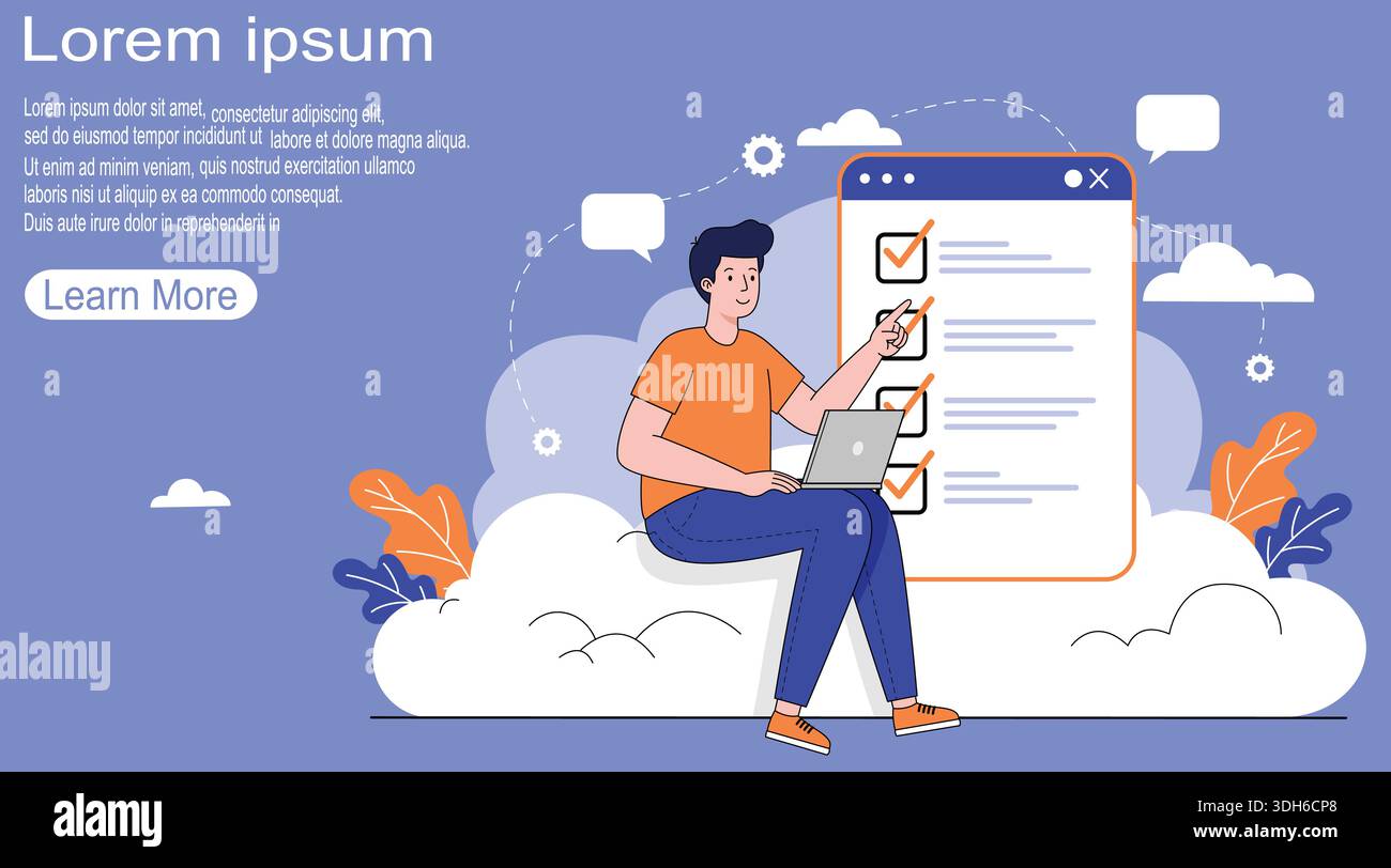 Man with laptop and checklist in cloud background Stock Vector