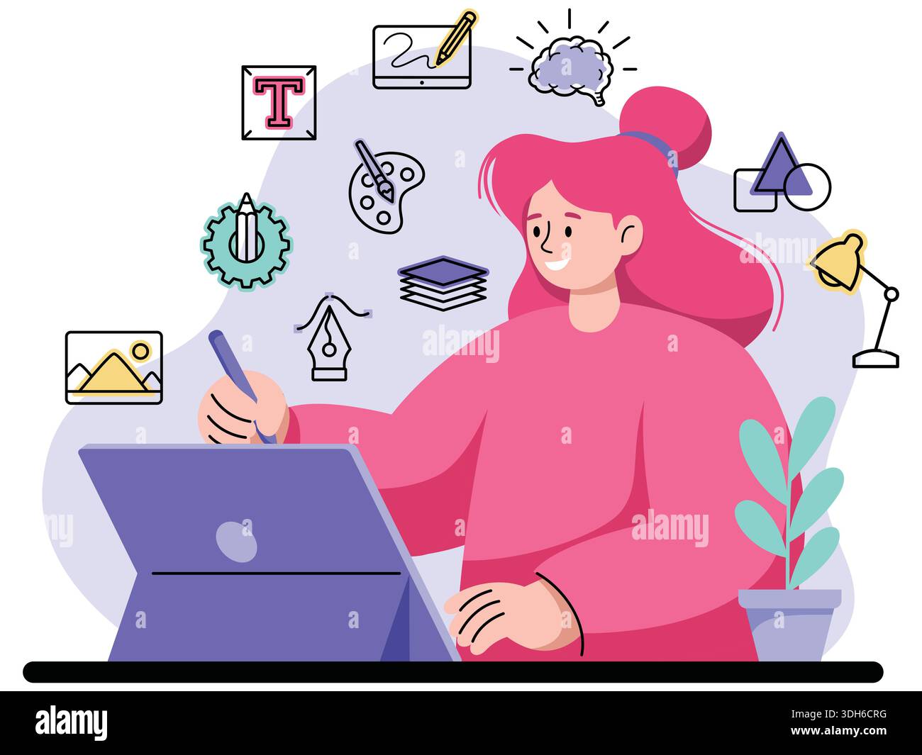 Flat illustration of female graphic designer using digital tablet with design icons Stock Vector