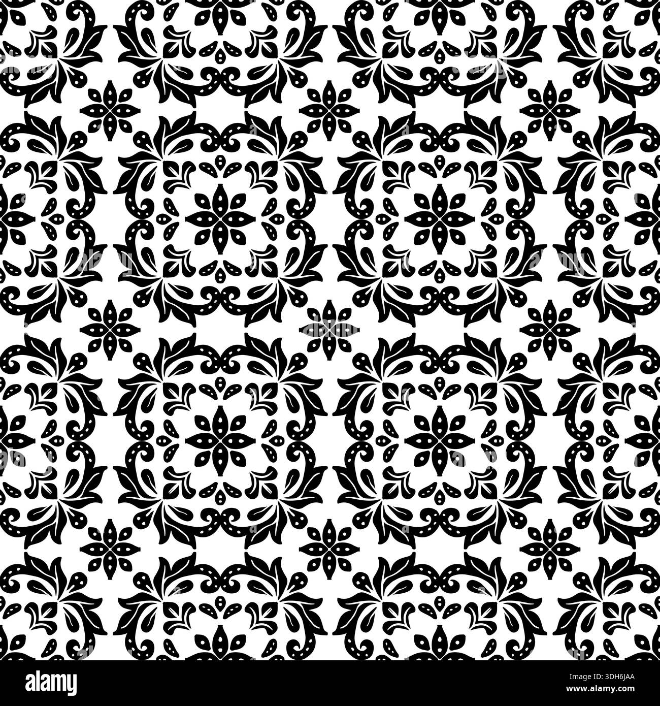 Seamless pattern with damask floral in black and white. Vector ...