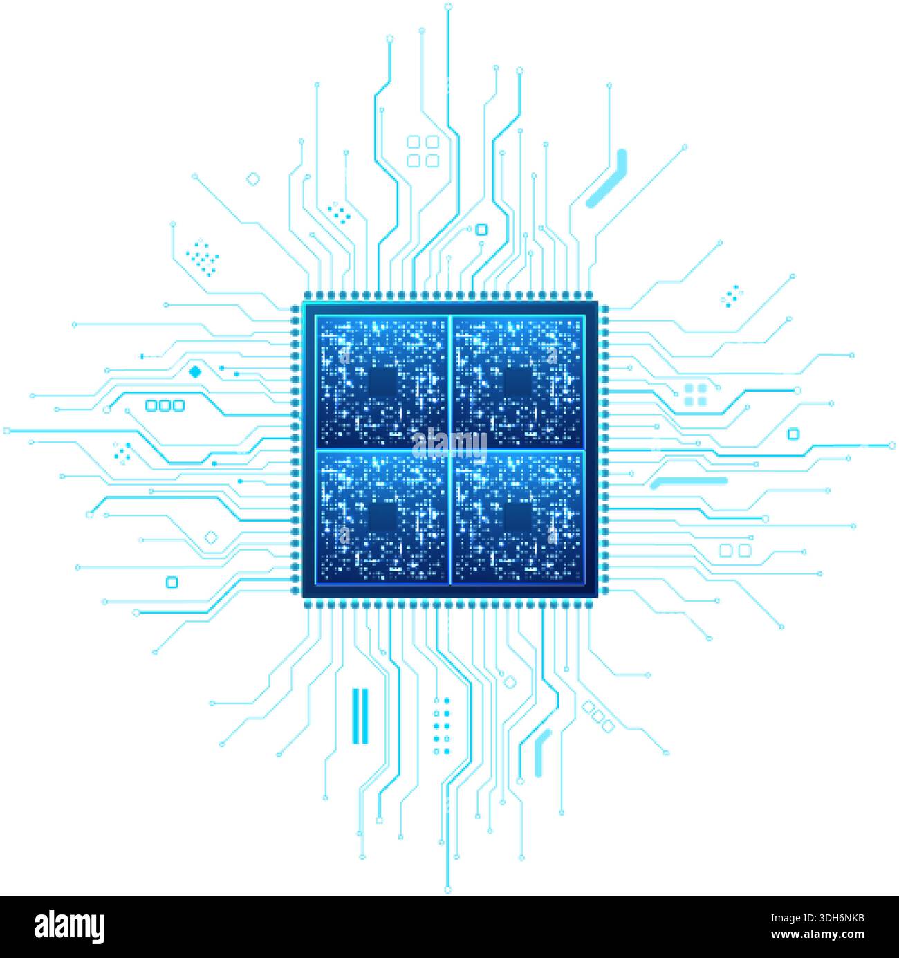 Digital detailed semiconductor chip showcasing bright tech components  Stock Vector