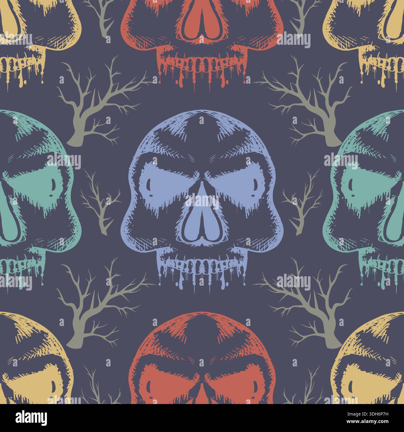 Seamless pattern with skulls and dead trees. Vector illustration. Stock Vector