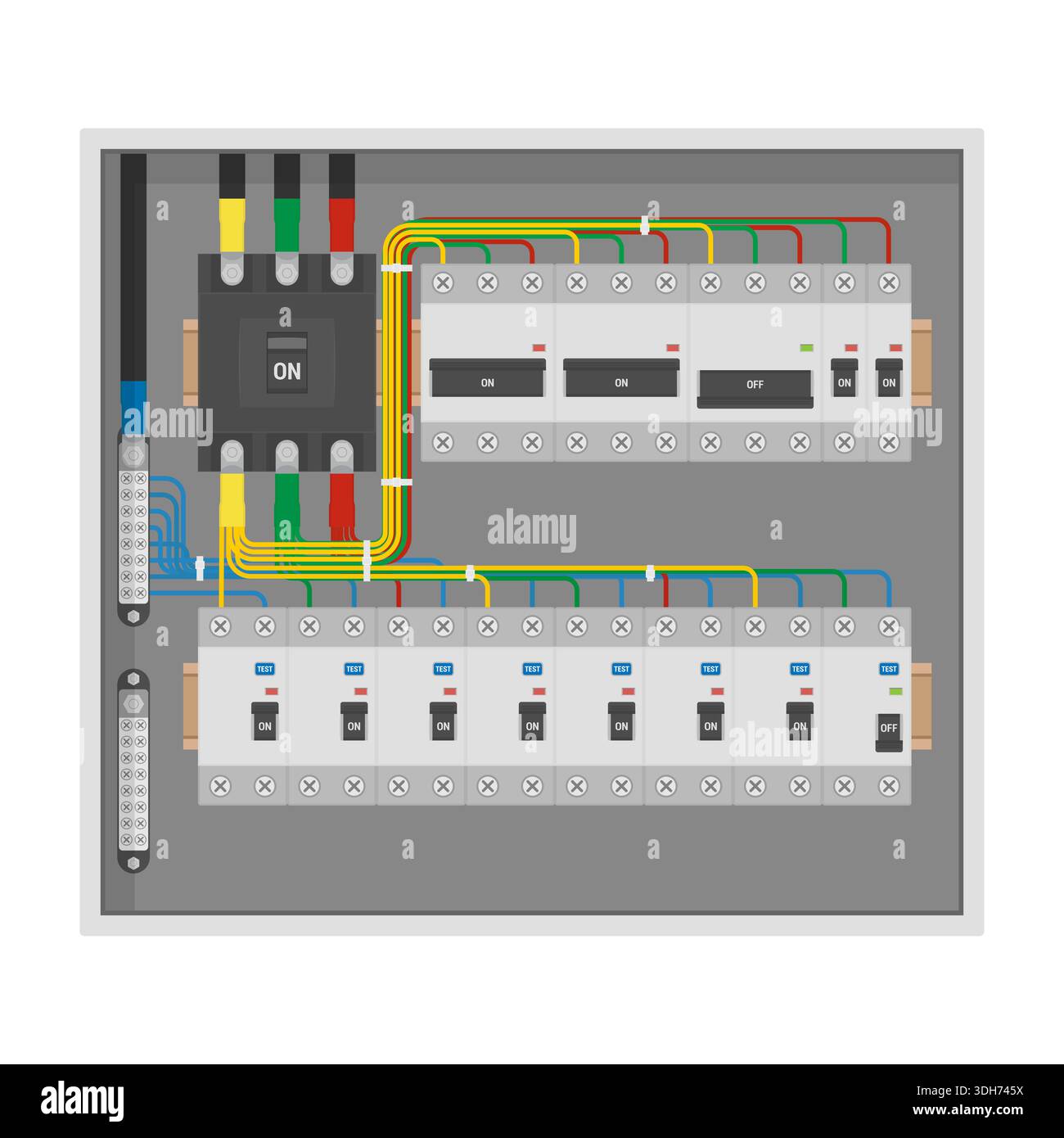 Electrical distribution board with circuit breakers and organized color-coded wiring Stock Vector