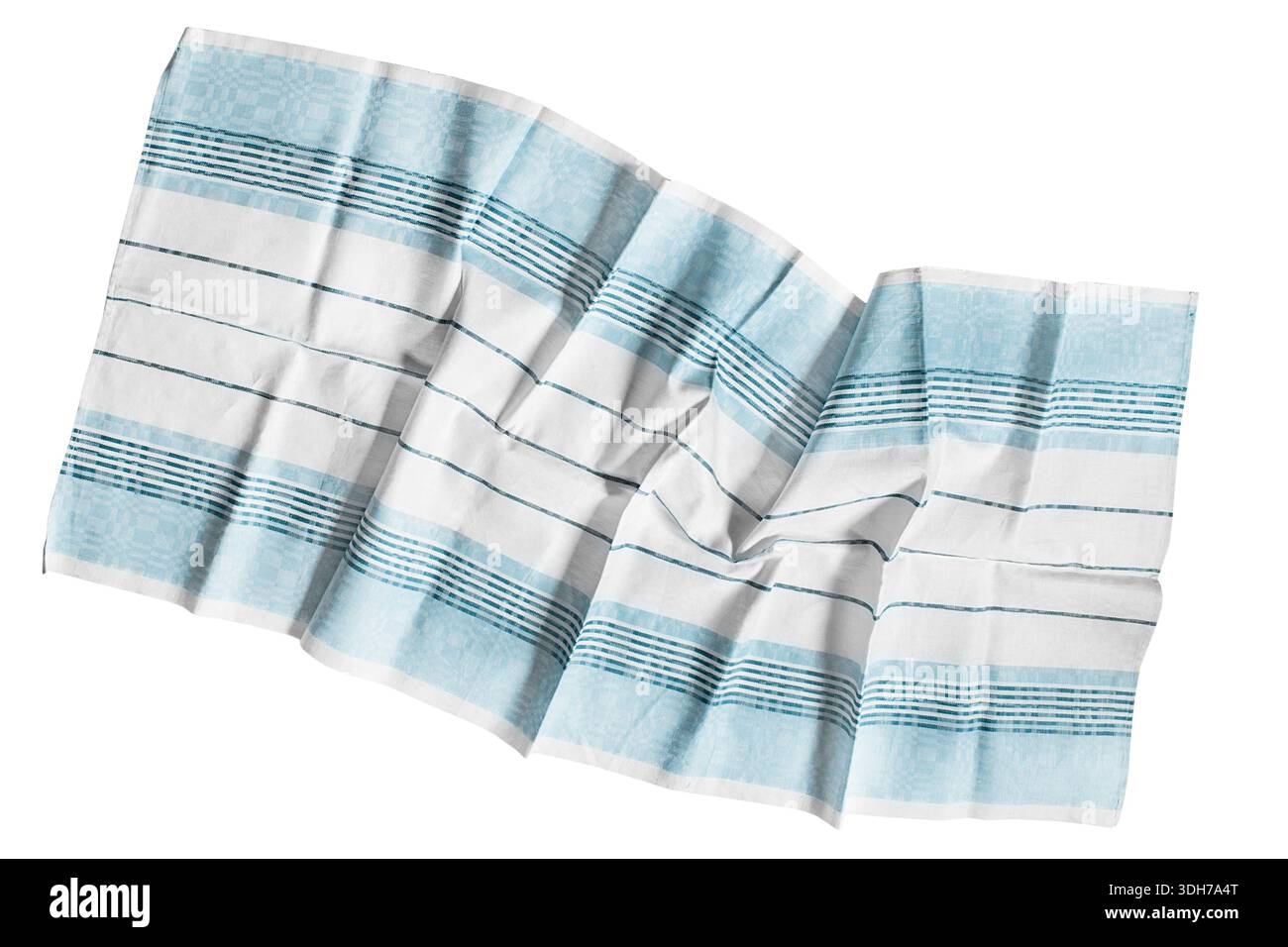 Blue and white linen tablecloth isolated on white background Stock Photo