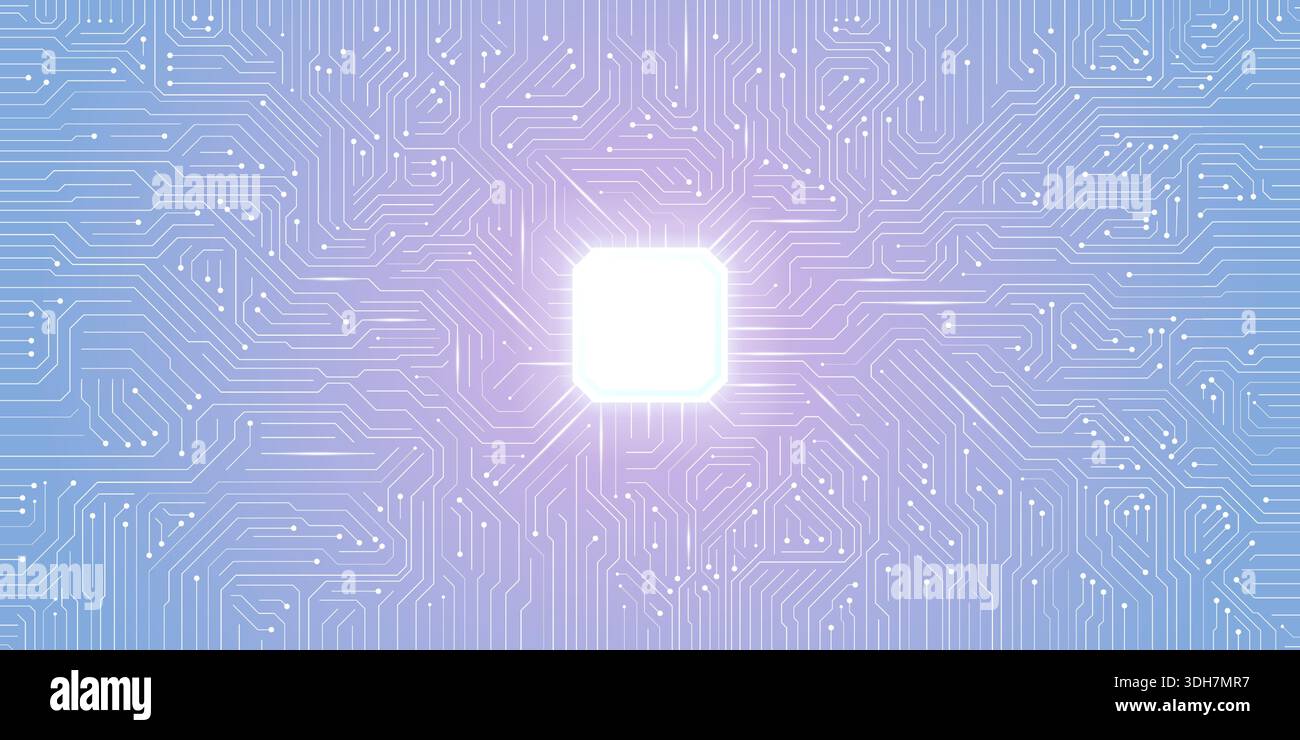 Futuristic blue AI circuit board with glowing data lines and a central ...