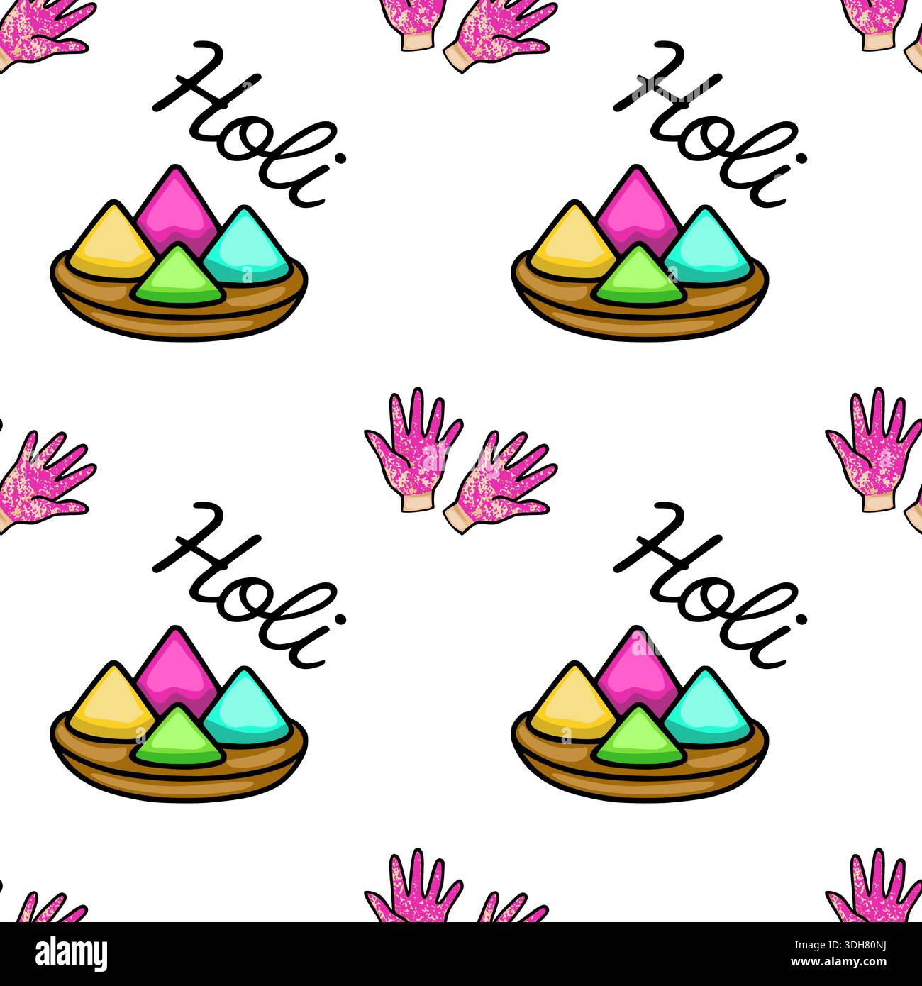 Seamless Holi festival vector pattern with colorful powder and hands, vibrant celebration background Stock Vector