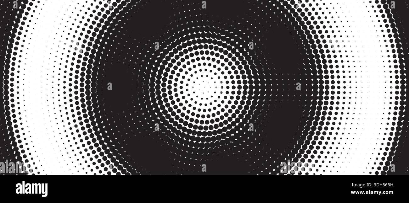 High contrast monochrome halftone dot texture with a dynamic radial wave effect Stock Vector