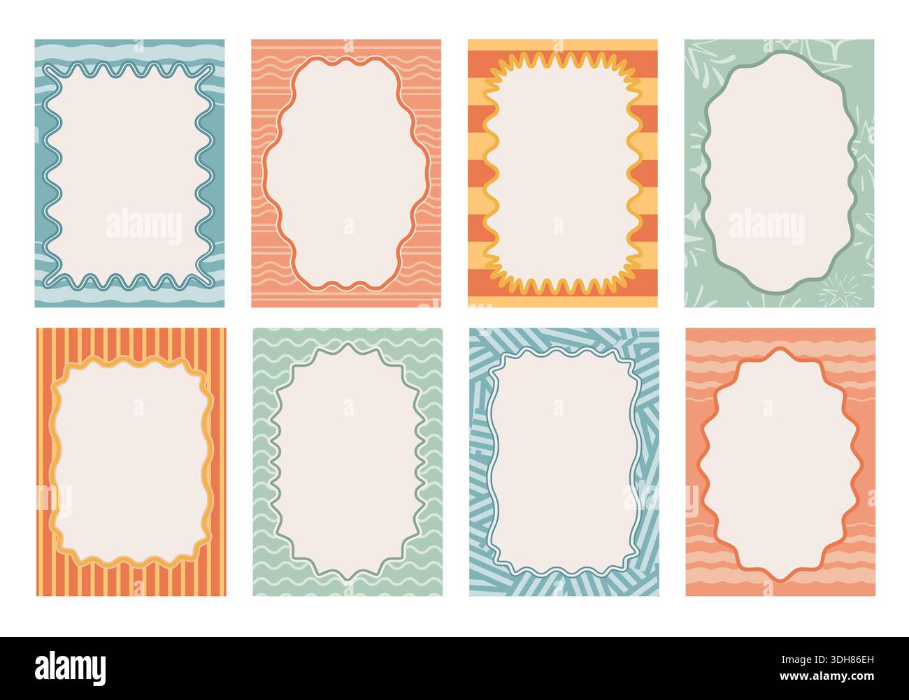 A set of eight colorful whimsical frames and borders with playful wavy edges and retro inspired patterns. Ideal for invitations, greeting cards, text Stock Vector