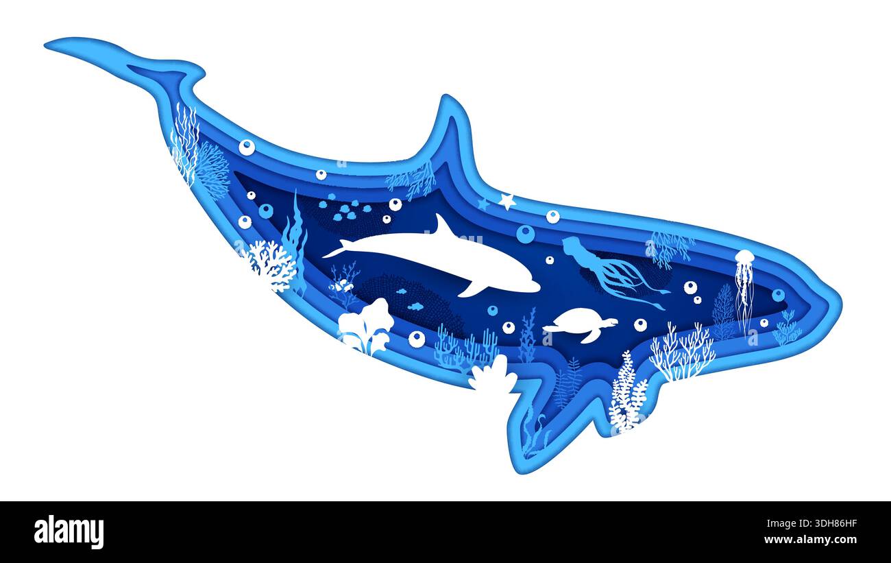 Paper cut killer whale silhouette with underwater sealife landscape ...