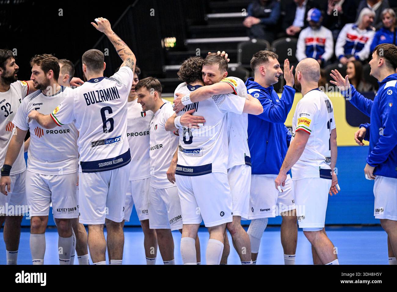 Giacomo Jack Savini of Italy, Simone Mengon of Italy during Men's EHF ...