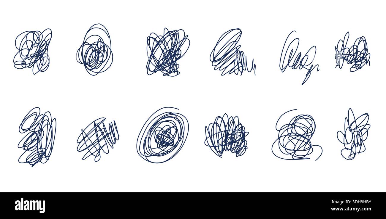 Abstract Tangled Scribble Shapes Set. Messy Pen Scratch. Stock Vector