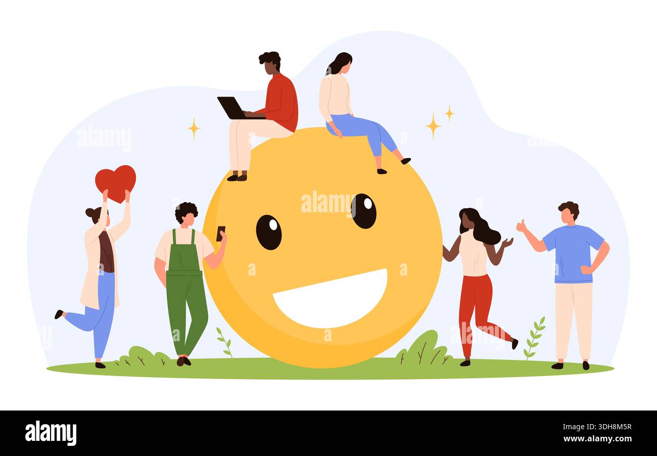 Teamwork Emj Diverse group of people engaging with large happy emoji, showing ...