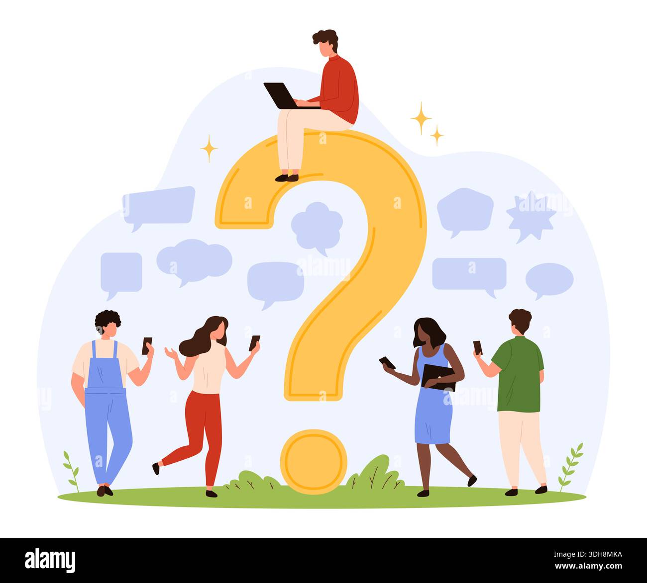 Group of diverse people with smartphones and laptops interacting around ...