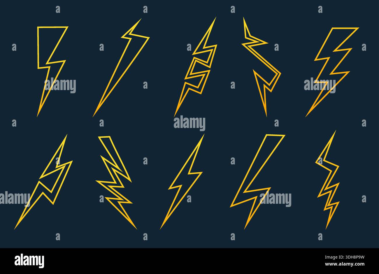 Gold lightning bolt icons on dark background. Thunderbolt line symbols. Electric strikes. Zigzag shapes. Energy charge. Thunderstorm blasts. Power Stock Vector