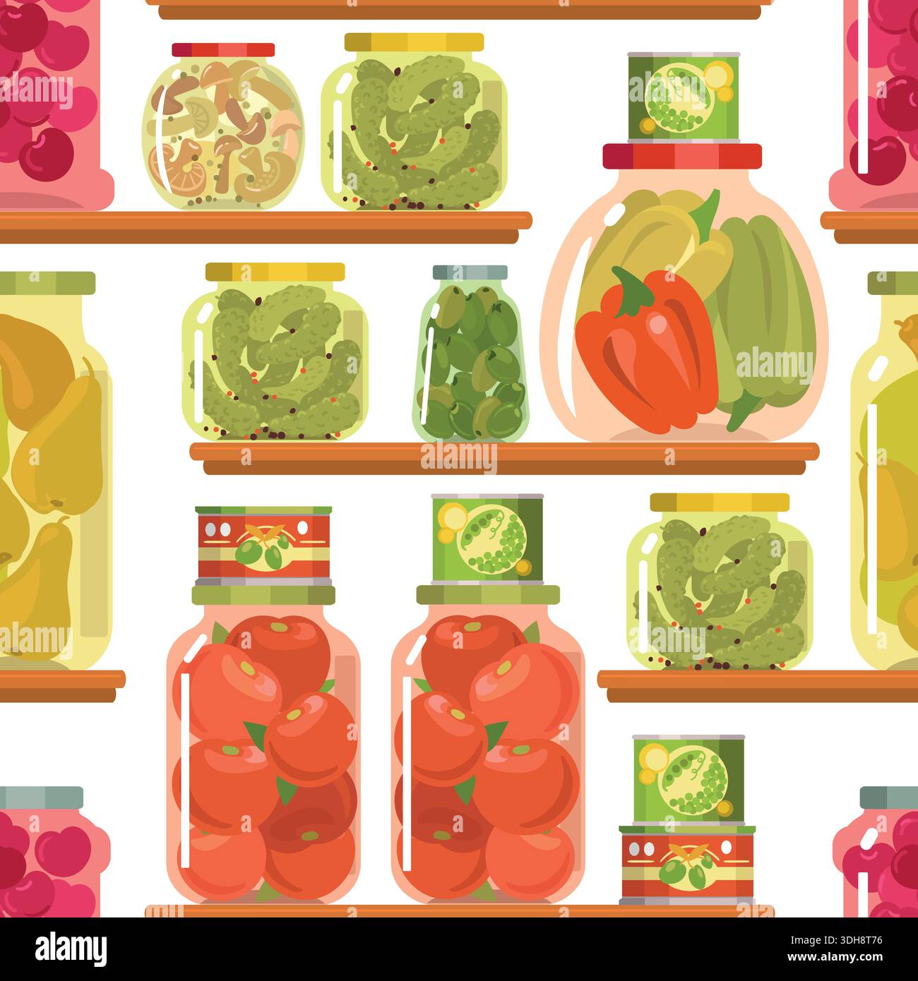 Pickles in glass jars and canned goods on shelves in pantry. Conserved vegetables and fruits seamless pattern. Marinated cucumber or tomato pots on Stock Vector