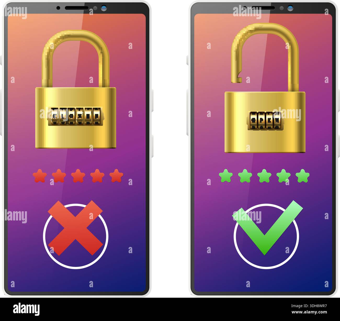 Realistic smartphone with locked and unlocked screen. Access and blocking to phone database. Username verify. Verification for secure. Users input Stock Vector